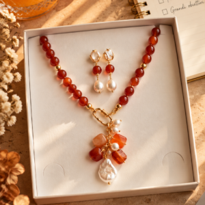 Parure Collana e Orecchini Corniola e Perle Naturali